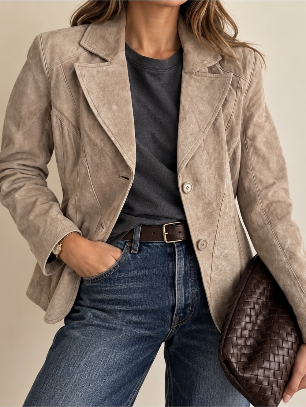 Siena Taupe Suede Leather Blazer Western Seamed Jacket Size 14